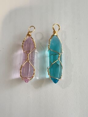 Set Golden-Wire Wrapped Teal Crystal Pendant Necklace.
